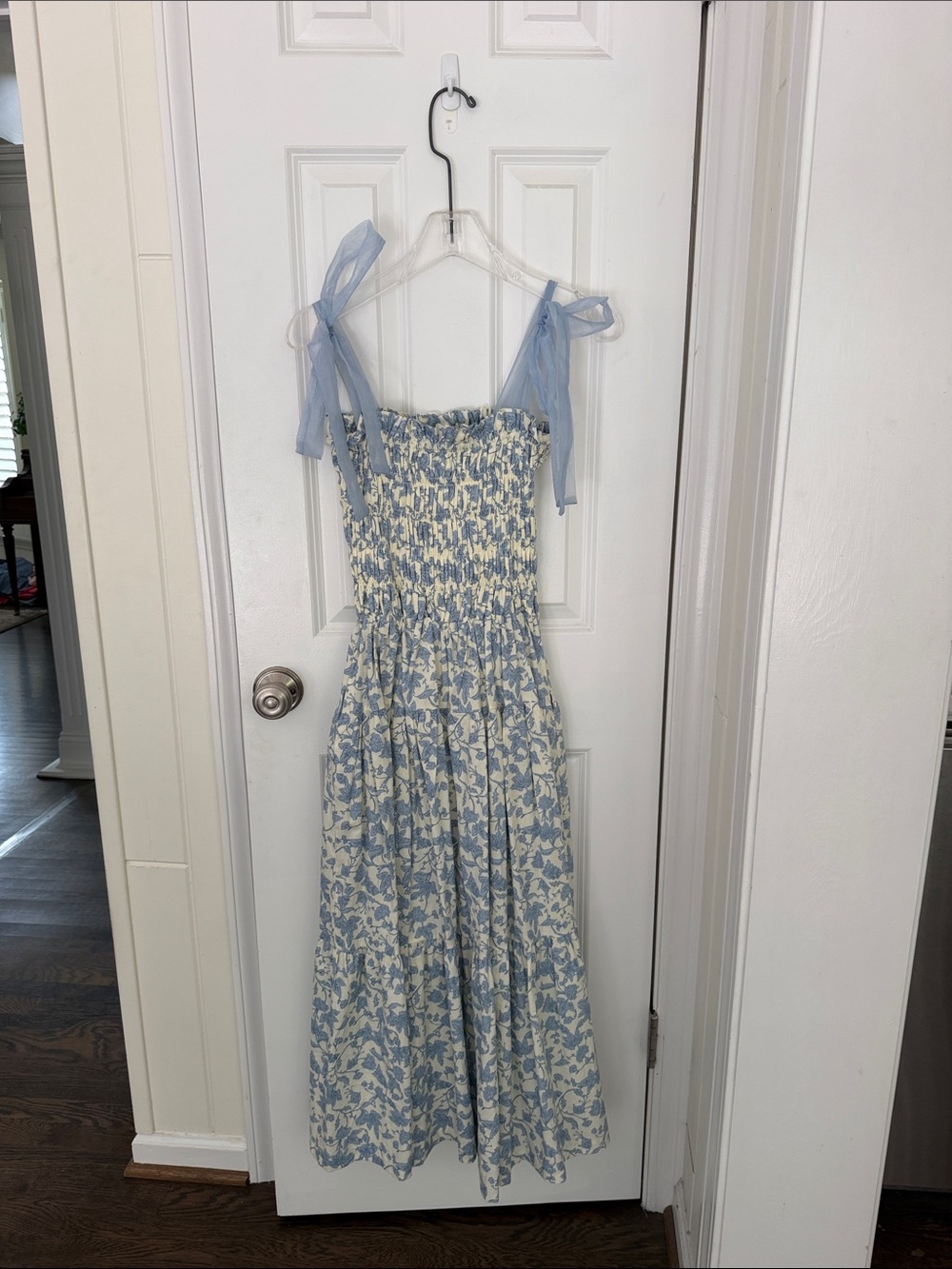 En Saison Blue and Cream Floral Smocked Sundress with Tie Straps